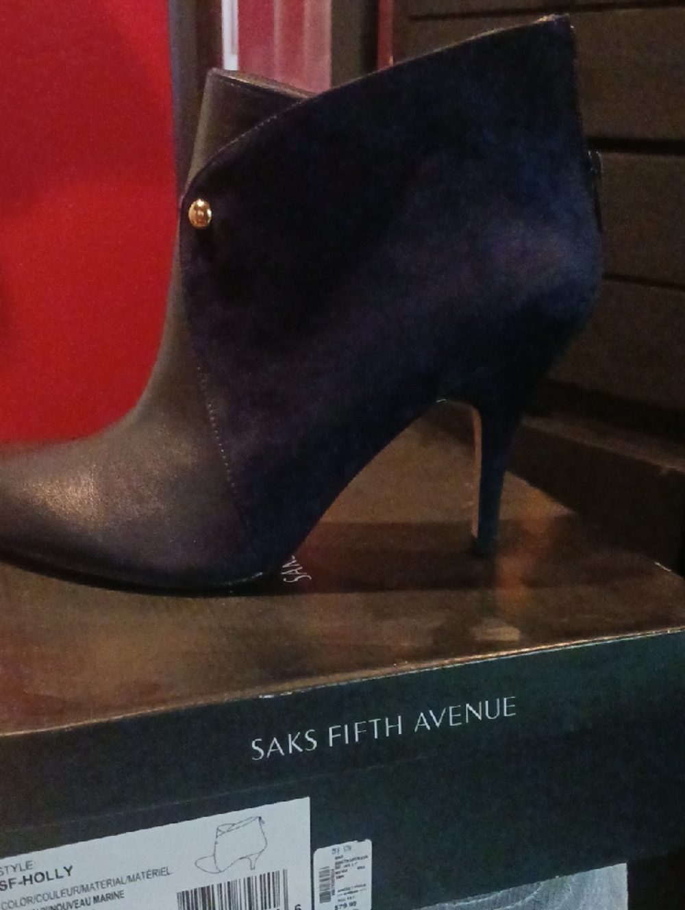 Saks Fifth Avenue Navy Suede Pointed Ankle Booties with Gold Stud